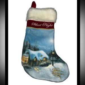 THOMAS KINKADE Silent Night Christmas Stocking Gold Embroidery 15" Satin Lining